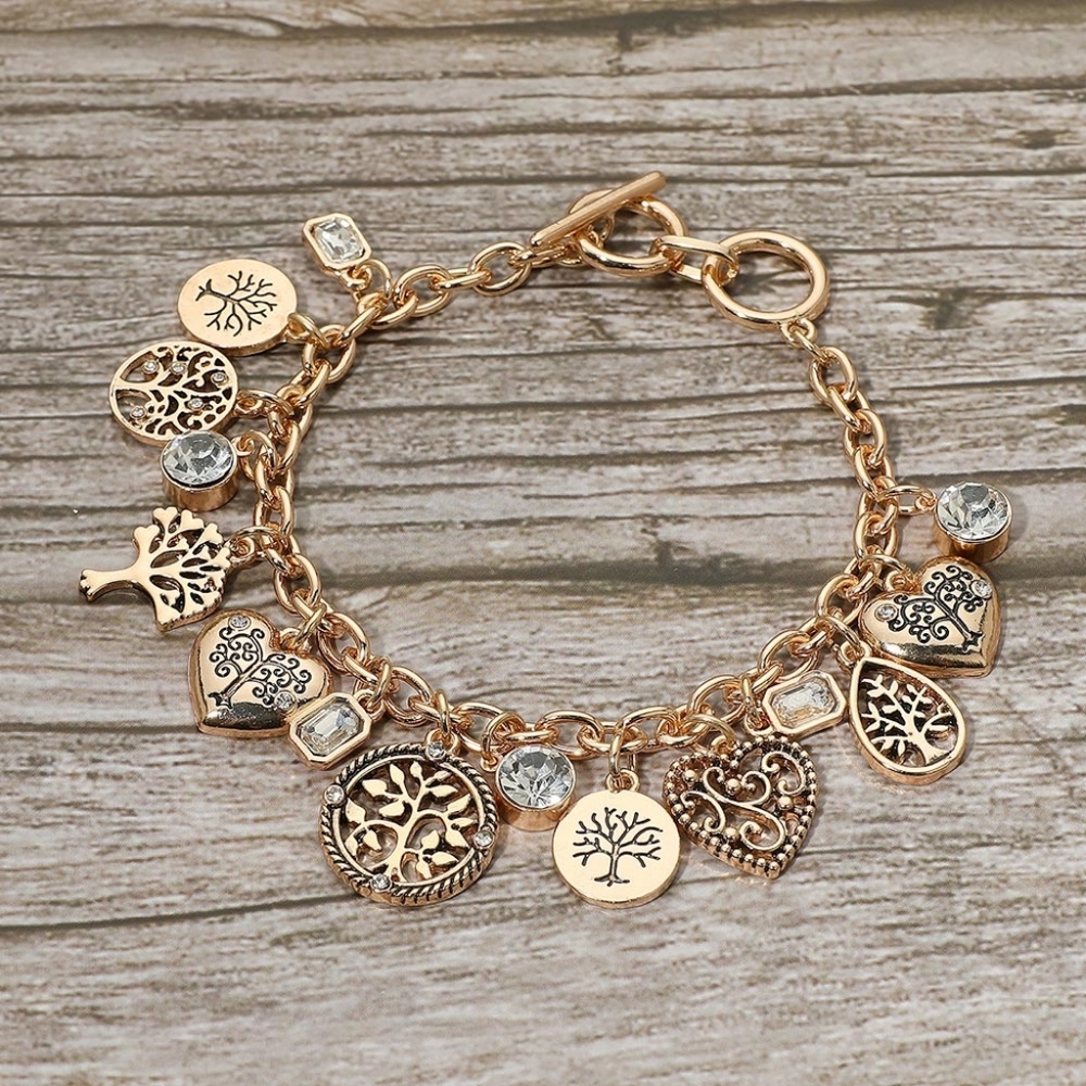 Tree of Life Charm Bracelet Gold Tone Toggle Closure Bezel Stones 7.5"